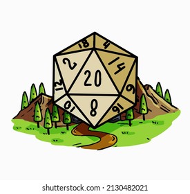 Dungeon and dragons board game. Dice d20 and cartoon cave entrance.