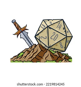 Dungeon and dragons board game. Dice d20 and cartoon sword svg