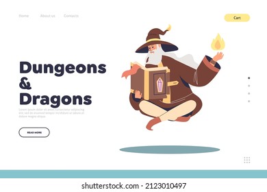 Dungeon and dragons concept of landing page with wizard sorcerer read spell book levitating make magic fire wearing magician robe and hat tell spell. Cartoon flat vector illustration