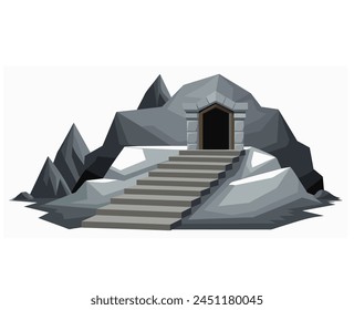 Dungeon entrance stairway. Cave stone staircase. Gray rock cavern. Ancient dungeon, grotto Mountain tunnel entrance stairs Entry to cave underground Game location symbol. Vector object.