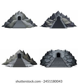 Dungeon entrance stairway set. Cave stone staircase. Gray rock cavern. Ancient dungeon, grotto Mountain tunnel entrance stairs Entry to cave underground Game location symbol. Vector object collection.