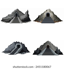 Dungeon entrance stairway set. Cave stone staircase. Gray rock cavern. Ancient dungeon, grotto Mountain tunnel entrance stairs Entry to cave underground Game location symbol. Vector object collection.