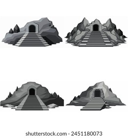 Dungeon entrance stairway set. Cave stone staircase. Gray rock cavern. Ancient dungeon, grotto Mountain tunnel entrance stairs Entry to cave underground Game location symbol. Vector object collection.