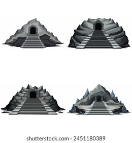 Dungeon entrance stairway set. Cave stone staircase. Gray rock cavern. Ancient dungeon, grotto Mountain tunnel entrance stairs Entry to cave underground Game location symbol. Vector object collection.