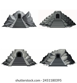 Dungeon entrance stairway set. Cave stone staircase. Gray rock cavern. Ancient dungeon, grotto Mountain tunnel entrance stairs Entry to cave underground Game location symbol. Vector object collection.