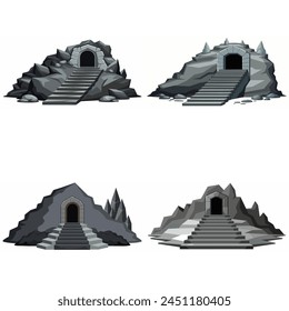 Dungeon entrance stairway set. Cave stone staircase. Gray rock cavern. Ancient dungeon, grotto Mountain tunnel entrance stairs Entry to cave underground Game location symbol. Vector object collection.