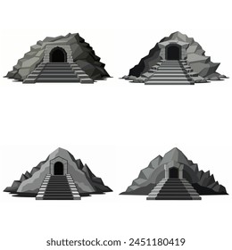 Dungeon entrance stairway set. Cave stone staircase. Gray rock cavern. Ancient dungeon, grotto Mountain tunnel entrance stairs Entry to cave underground Game location symbol. Vector object collection.