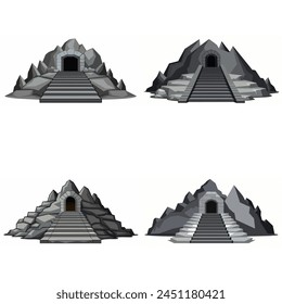 Dungeon entrance stairway set. Cave stone staircase. Gray rock cavern. Ancient dungeon, grotto Mountain tunnel entrance stairs Entry to cave underground Game location symbol. Vector object collection.