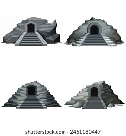 Dungeon entrance stairway set. Cave stone staircase. Gray rock cavern. Ancient dungeon, grotto Mountain tunnel entrance stairs Entry to cave underground Game location symbol. Vector object collection.