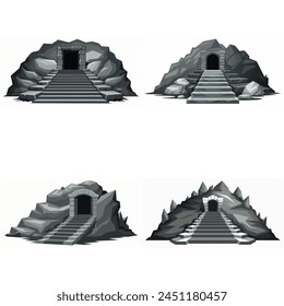 Dungeon entrance stairway set. Cave stone staircase. Gray rock cavern. Ancient dungeon, grotto Mountain tunnel entrance stairs Entry to cave underground Game location symbol. Vector object collection.