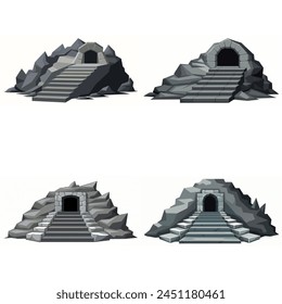 Dungeon entrance stairway set. Cave stone staircase. Gray rock cavern. Ancient dungeon, grotto Mountain tunnel entrance stairs Entry to cave underground Game location symbol. Vector object collection.