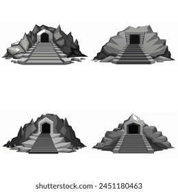 Dungeon entrance stairway set. Cave stone staircase. Gray rock cavern. Ancient dungeon, grotto Mountain tunnel entrance stairs Entry to cave underground Game location symbol. Vector object collection.