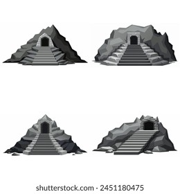 Dungeon entrance stairway set. Cave stone staircase. Gray rock cavern. Ancient dungeon, grotto Mountain tunnel entrance stairs Entry to cave underground Game location symbol. Vector object collection.