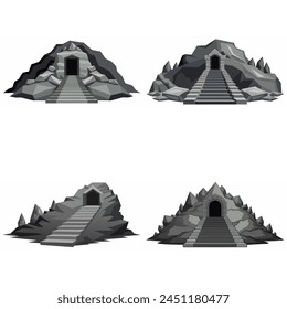 Dungeon entrance stairway set. Cave stone staircase. Gray rock cavern. Ancient dungeon, grotto Mountain tunnel entrance stairs Entry to cave underground Game location symbol. Vector object collection.