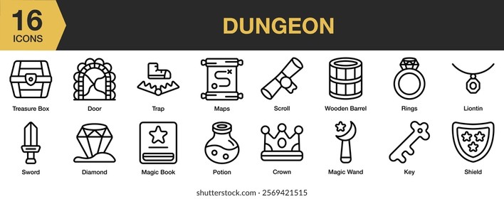 Dungeon icon set. Includes dungeon, game, fantasy, ancient, old, adventure, and More. Outline icons vector collection.