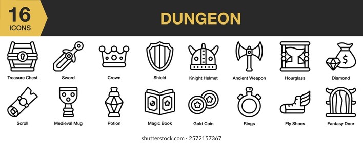 Dungeon icon set. Includes dungeon, game, fantasy, stone, adventure, and More. Outline icons vector collection.