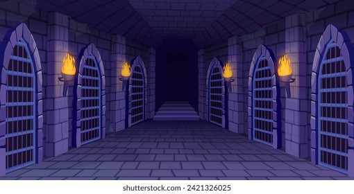 Dungeon interior. Masonry space medieval castle underground basement inside, ancient creepy house dark interior prison gate somber game art background ingenious vector illustration