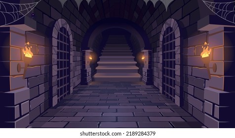 Dungeon with a long corridor with ladder. Steps up. Medieval castle corridor with torches and doors with bars. Interior of ancient Palace with stone arch. Vector illustration.