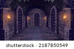 Dungeon with a long corridor. Medieval castle corridor with torches and doors with bars. Interior of ancient Palace with stone arch. Vector illustration.