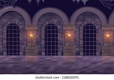 Dungeon with a long corridor. Medieval castle corridor with torches and doors with bars. Interior of ancient Palace with stone arch. Vector illustration.