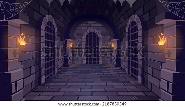 Dungeon with a long corridor. Medieval
castle corridor with torches and doors with bars. Interior of
ancient Palace with stone arch. Vector
illustration.