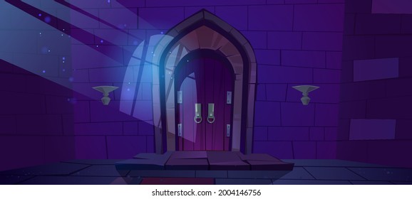 Dungeon, medieval castle night interior with moonlight fall on wood arched door and barred window shadow on stone wall. Entry in ancient palace cartoon vector illustration