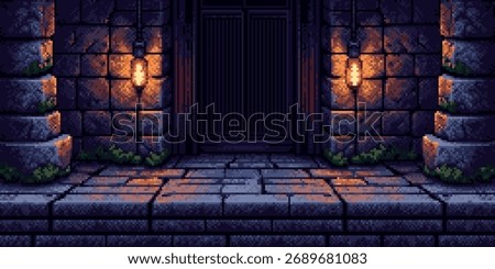 Dungeon pixel art game level vector with illuminated stone walls and floor. Gaming background for retro arcade platformer or adventure quest.