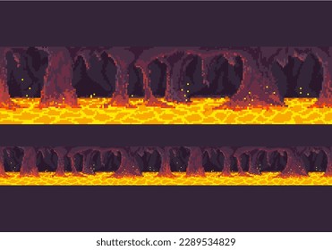 Paisaje de píxeles de mazmorra. Escena sin foco con lago lava. Vector