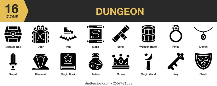 Dungeon solid icon set. Includes dungeon, game, fantasy, ancient, old, adventure, and More. Solid icons vector collection.