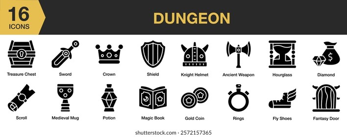 Dungeon solid icon set. Includes dungeon, game, fantasy, stone, adventure, and More. Solid icons vector collection.