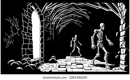 Dungeon vector black line illustration isolated white. Sketch art