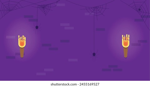 Dungeon Wall with Torches and Spiders Flat Style. Horror and history concept vector art