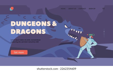 Dungeons and Dragons Landing Page Template. Person Wear Knight Costume Virtual Reality Headset Playing Mmorpg Video Game Fighting with Dragon in Cave, Multiplayer Gaming. Cartoon Vector Illustration