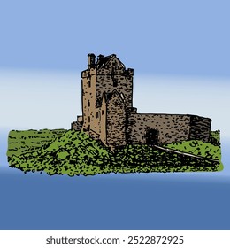 Castillo de Dunguaire en Irlanda. Ilustración vectorial colorida dibujada a mano. Vista de la ciudadela medieval.