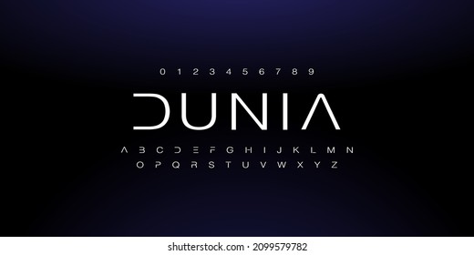 Dunia , An Abstract Technology Space Font And Alphabet. Techno Effect Fonts Designs. Typography Digital Sci-fi Concept. Vector Illustration