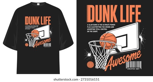 Dunk Life Ultimate Power Play Camiseta gráfica de baloncesto impresionante para atletas Streetwear Diseño de camiseta Ilustración vectorial Obras de arte
