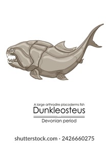 Dunkleosteus, a Devonian period large arthrodire fish. Colorful illustration on a white background