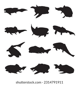 dunkleosteus silhouette set collection isolated black on white background vector illustration