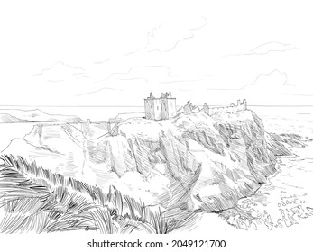 Dunnottar Castle. Scotland. Hand drawn city sketch. Vector illustration.