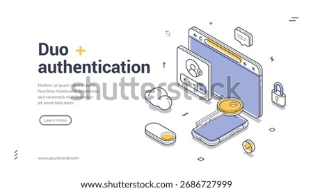 Duo authentication account identity access isometric web banner design template line vector illustration. User identification privacy information security internet page approved password login verify