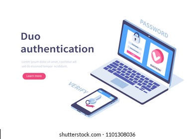 Duo authentication concept banner with text place. Can use for web banner, infographics, hero images. Flat isometric vector illustration isolated on white background.