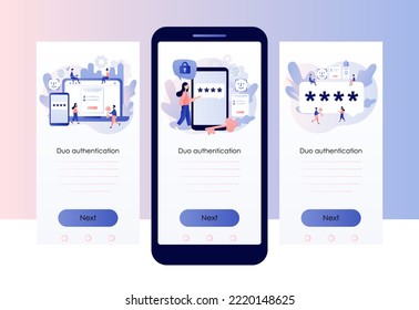Duo authentication. Verification code message for secure login or sign in. Two factor verification. Screen template for mobile, smartphone app. Modern flat cartoon style. Vector illustration

