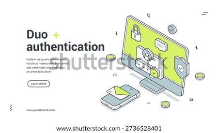 Duo authentication web banner. Isometric template for landing page on two-factor security. Vector illustration with computer, smartphone, password login for data protection and online safety