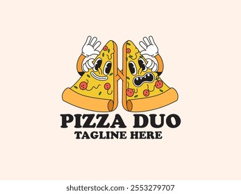 Duo cartoon character of a pizza slice good for logo, brand, groovy mascot, element design, food mascot, food logo