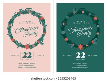 A duo of Christmas party invitations with a cute wreath decorated with stars and Christmas berries