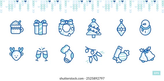 Duo Color Line Icon Vector Set: Christmas and New Year’s Celebrations