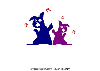 Duo dog cartoon different size and color funny dance gesture with music symbol for weekend or holiday isolated on white background. Cartoon funny and Music Dance concept.