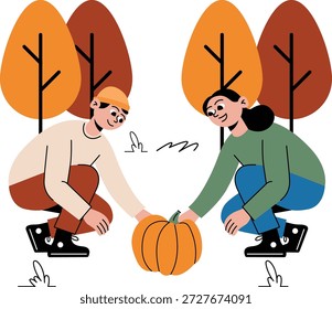 A duo happily picking pumpkins in a vibrant autumn pumpkin patch.