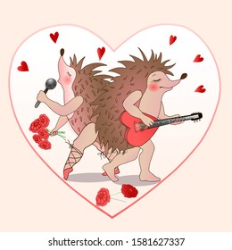 duo hedgehogs singer with a microphone and flowers and a guitarist with a guitar in the form of a heart perform on stage, color vector greeting card Valentine