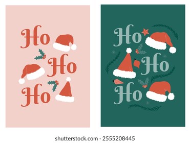 A duo of holiday cards with ho, ho, ho written out with Santa hats and other items layed out between the words